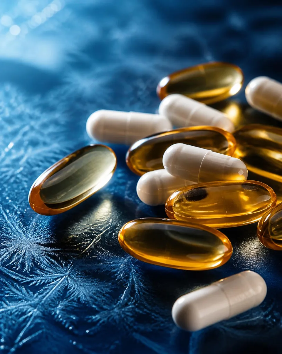 Amber omega-3 softgels and white capsules on a deep blue frosted surface