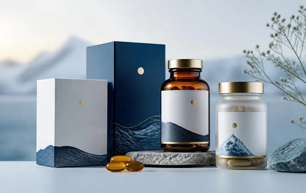 Nordic supplement packaging, an amber omega-3 bottle and a frosted capsule jar on a pale ice-blue surface