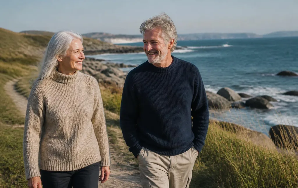 An active Nordic couple in their sixties walking a coastal path in morning light